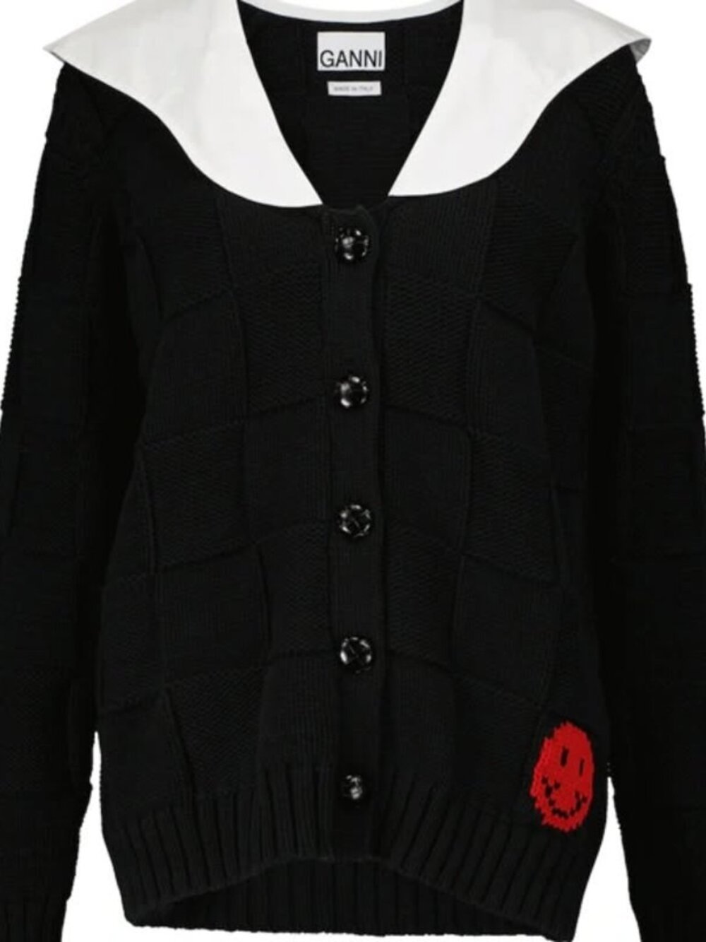 GANNI Smiley Poplin-Collar Basketweave Cardigan — Black/Red — Size S